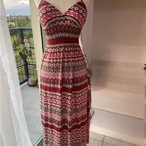 Smocked Waist Red Patterned Maxi Dress - Sleeveless Summer Style